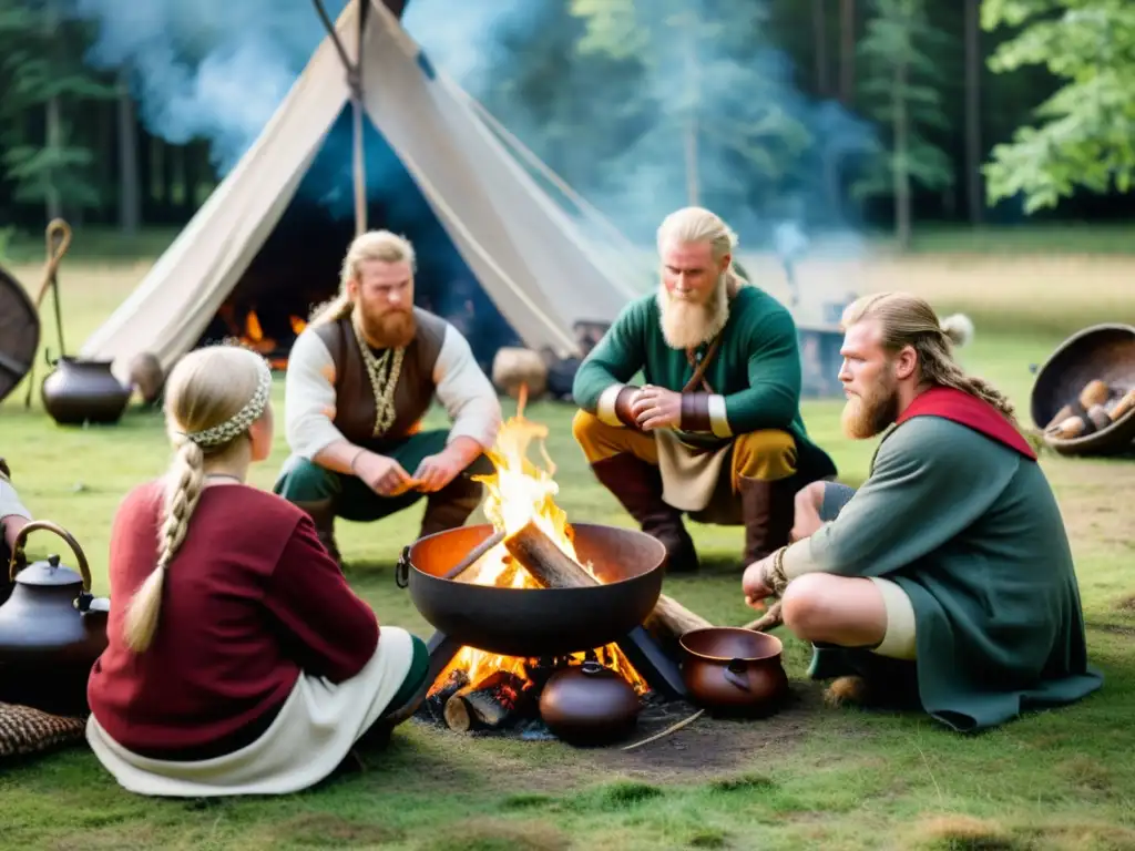 Recreación de vikingos en bosque preparando festín nórdico alrededor de fogata