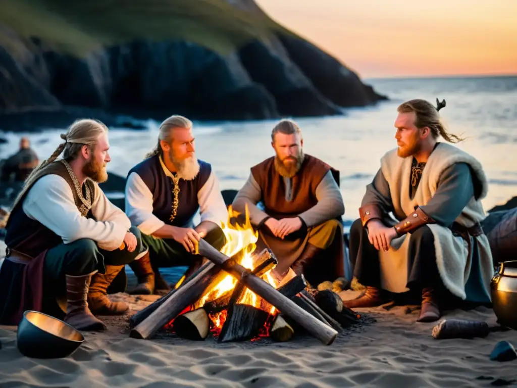 Vikingos en campamento costero junto al mar al atardecer, vida histórica