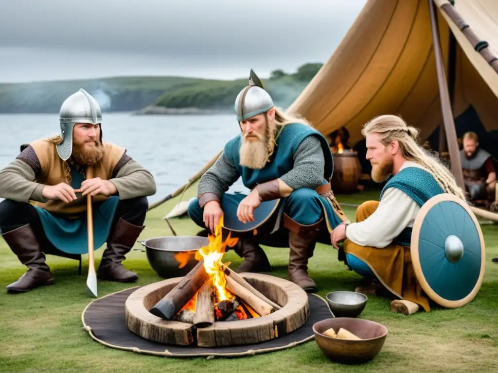 Vikingos en un campamento costero, viviendo la vida marina con autenticidad y precisión histórica