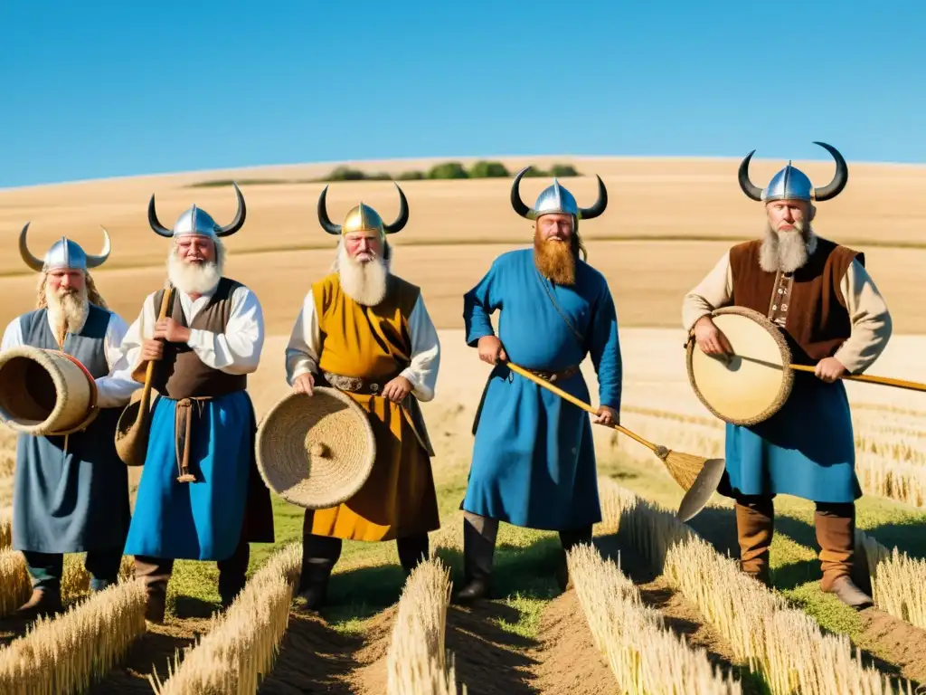 Vikingos cosechando en campo dorado, cantan con instrumentos musicales agricultura vikinga