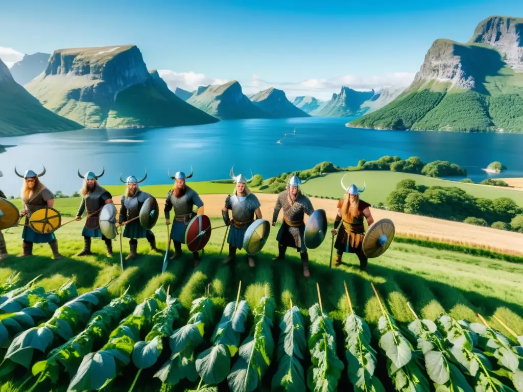 Vikingos cosechando en un campo verde bajo cielo azul