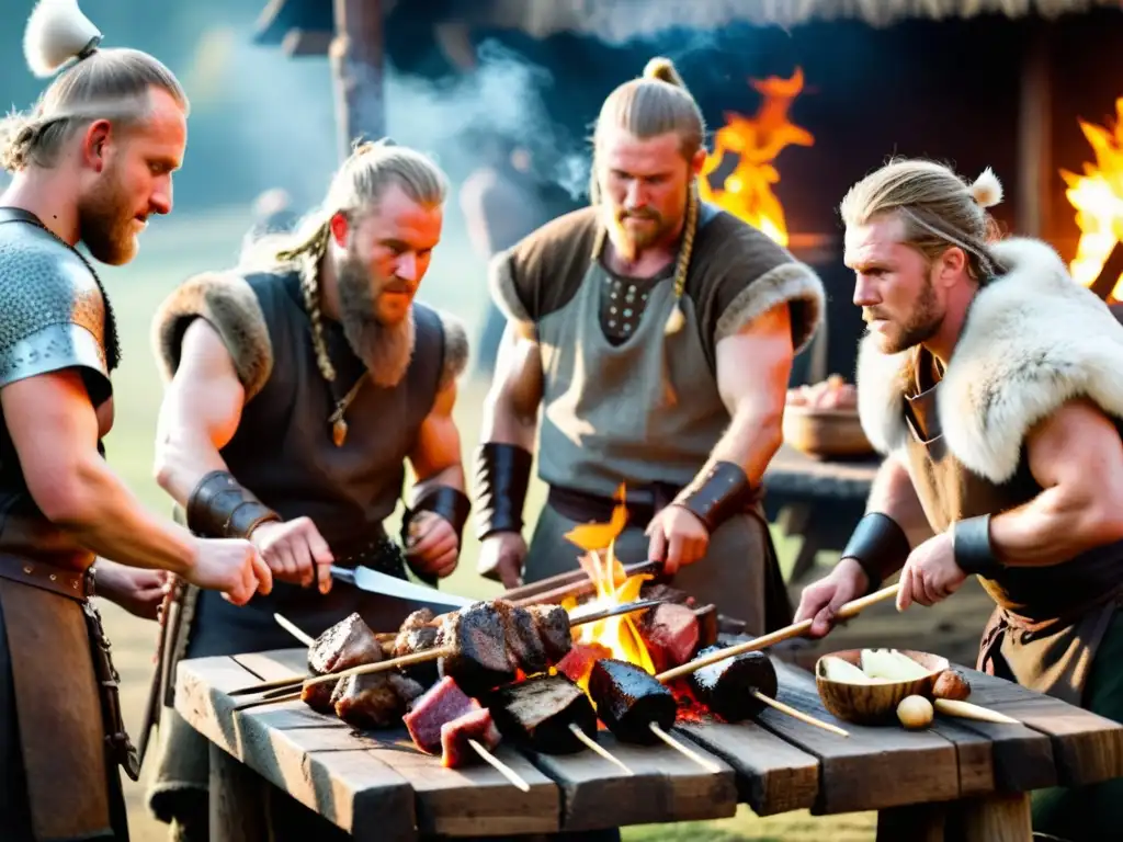 Vikingos preparando carnes al fuego con intensidad y tradición en un escenario rústico