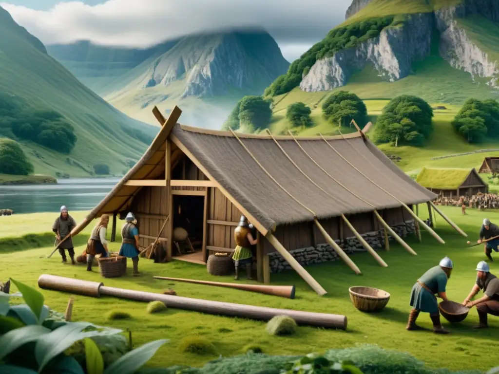 Vikingos construyendo una casa larga en tierras extranjeras, mostrando adaptaciones culturales vikingas en entorno montañoso