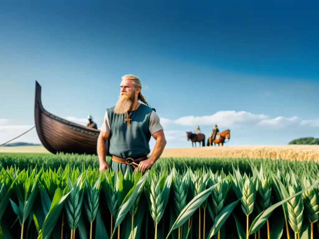 Vikingos cultivando cebada y trigo en campos verdes, con un drakkar al fondo