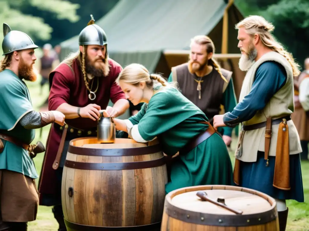 Recreación de vikingos elaborando cerveza artesanal en el bosque