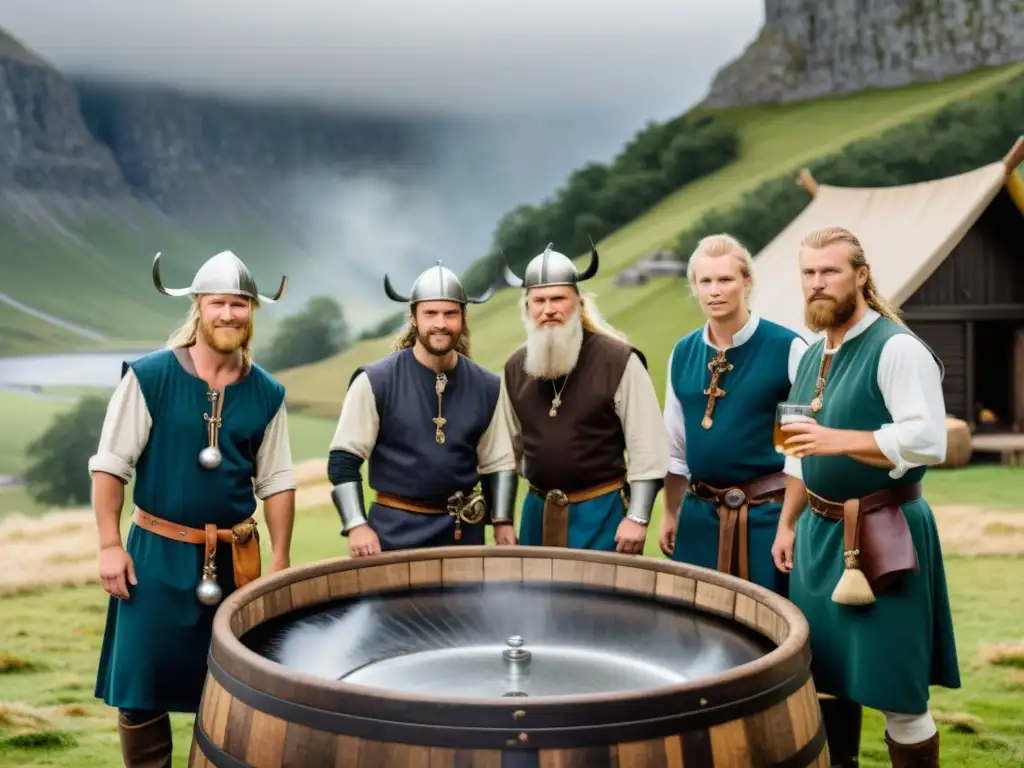 Vikingos elaborando cerveza artesanal vikinga en paisaje nórdico