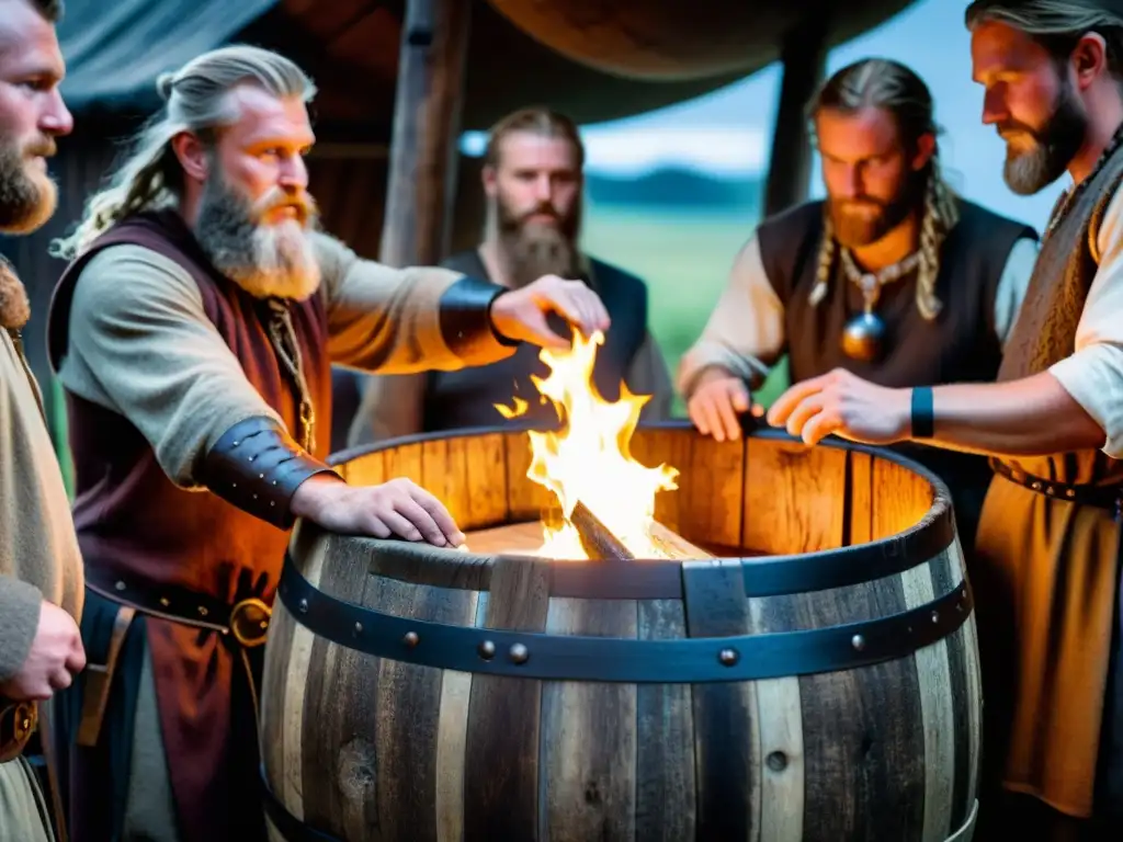 Vikingos elaborando cerveza en una cervecería nórdica antigua, resaltando la agricultura vikinga