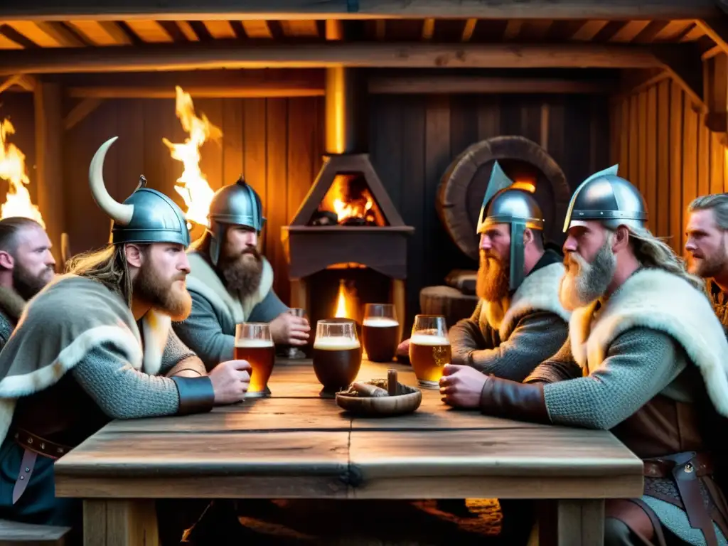 Vikingos disfrutan de la cerveza y la comida en su larga mesa de madera, reflejando la importancia de la cerveza vikinga