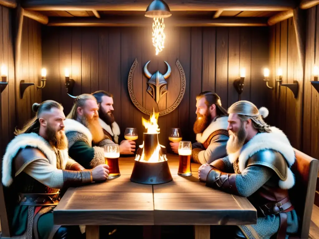 Vikingos celebrando con cerveza en un gran salón iluminado por antorchas