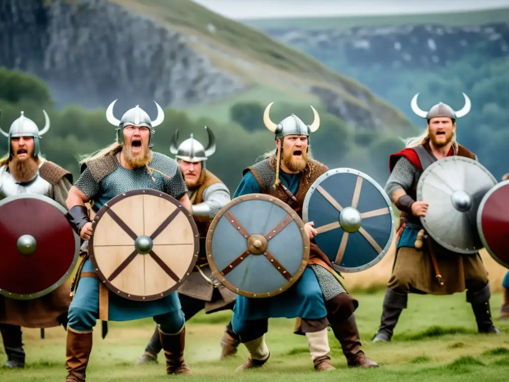 Vikingos en combate, demostrando técnicas de lucha corporal vikinga con espadas, escudos y hachas en un terreno escandinavo