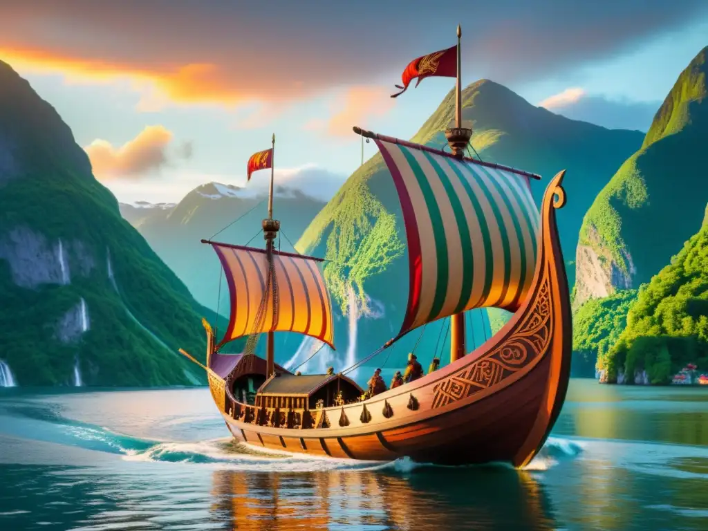 Vikingos y comerciantes asiáticos intercambian bienes en un barco vikingo con influencia asiática en cultura vikinga