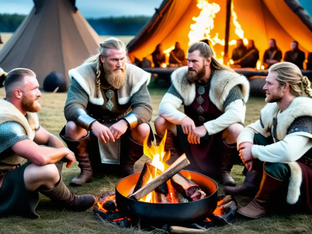 Vikingos disfrutan de una comida alrededor del fuego, resaltando la importancia de la carne en la dieta vikinga