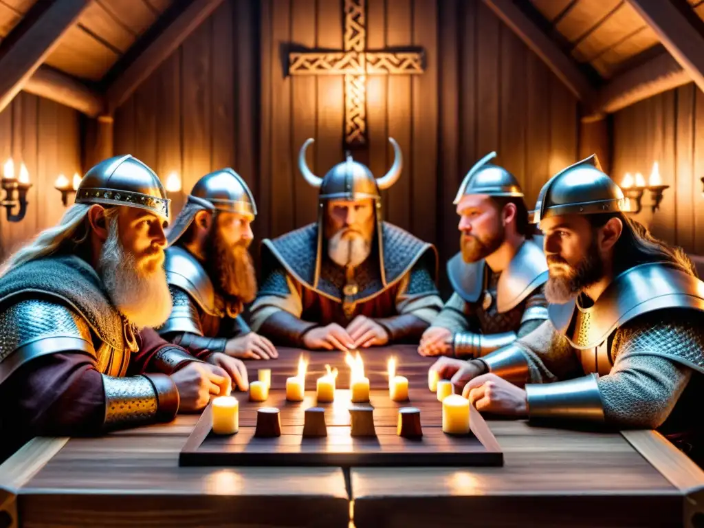 Vikingos concentrados en el juego Hnefatafl estrategia vikinga en una sala rústica iluminada por velas