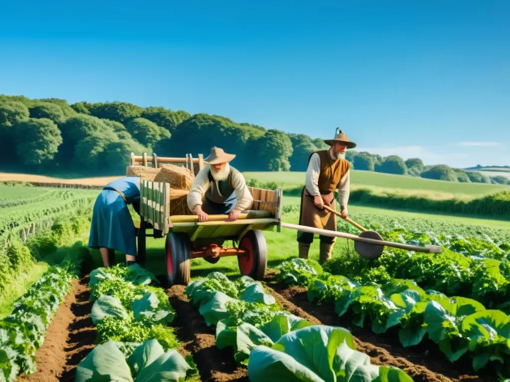 Vikingos cultivando cosechas en campo verde bajo cielo azul