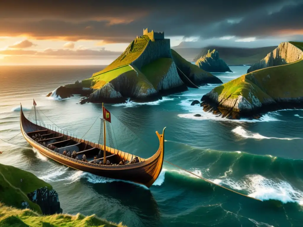 Vikingos llegan a la costa irlandesa al atardecer con sus largos barcos, mostrando las incursiones vikingas en Irlanda