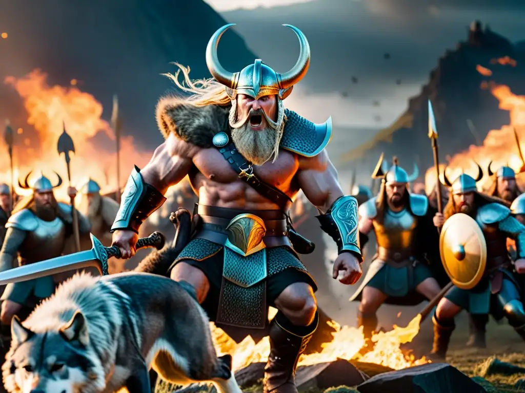 Vikingos y criaturas míticas luchan en la batalla final de Ragnarök, con Odin, Thor y Fenrir