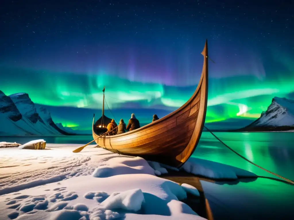 Vikingos compartiendo cuentos de invierno bajo la aurora boreal en un drakkar de madera