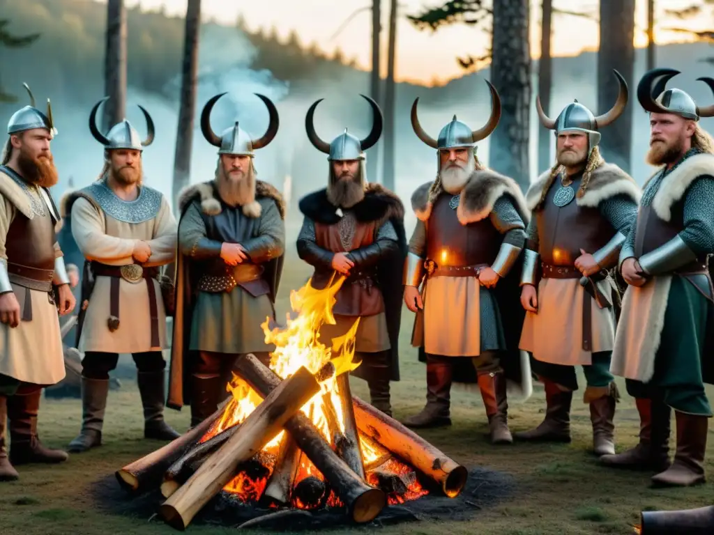 Vikingos celebrando con cuernos para beber vikingos auténticos alrededor de una fogata en el bosque nórdico