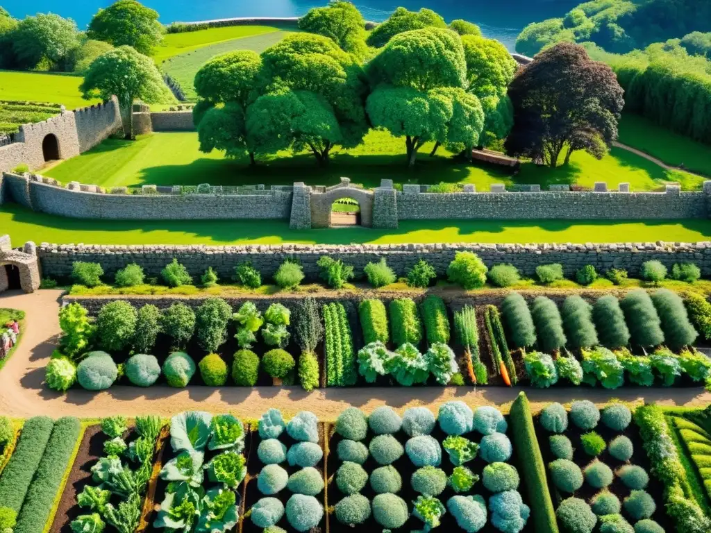 Vikingos cuidando cultivo de verduras en fortaleza vikinga con muros de piedra y cielo azul