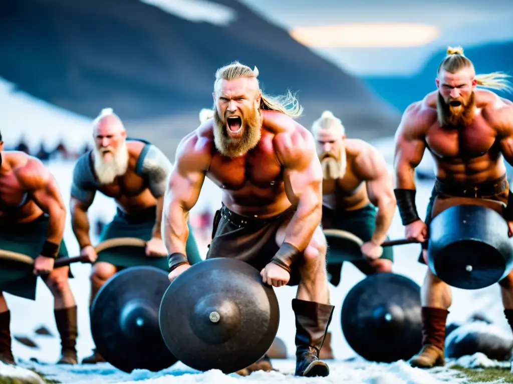 Vikingos en desafío de fuerza en paisaje nórdico, inspirando rutinas de fuerza vikinga