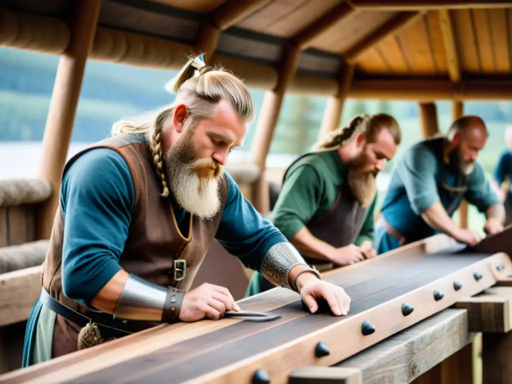 Vikingos tallando diseños en barco de madera en bosque nórdico