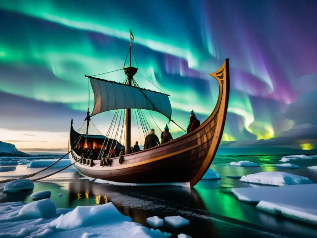 Vikingos navegando en un drakkar por aguas heladas bajo auroras boreales intensas