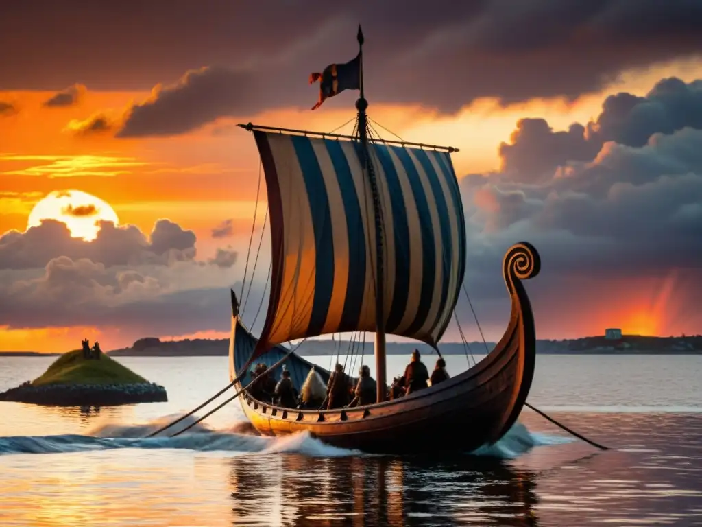 Vikingos navegando en un drakkar al atardecer, reflejando el fin de la era vikinga