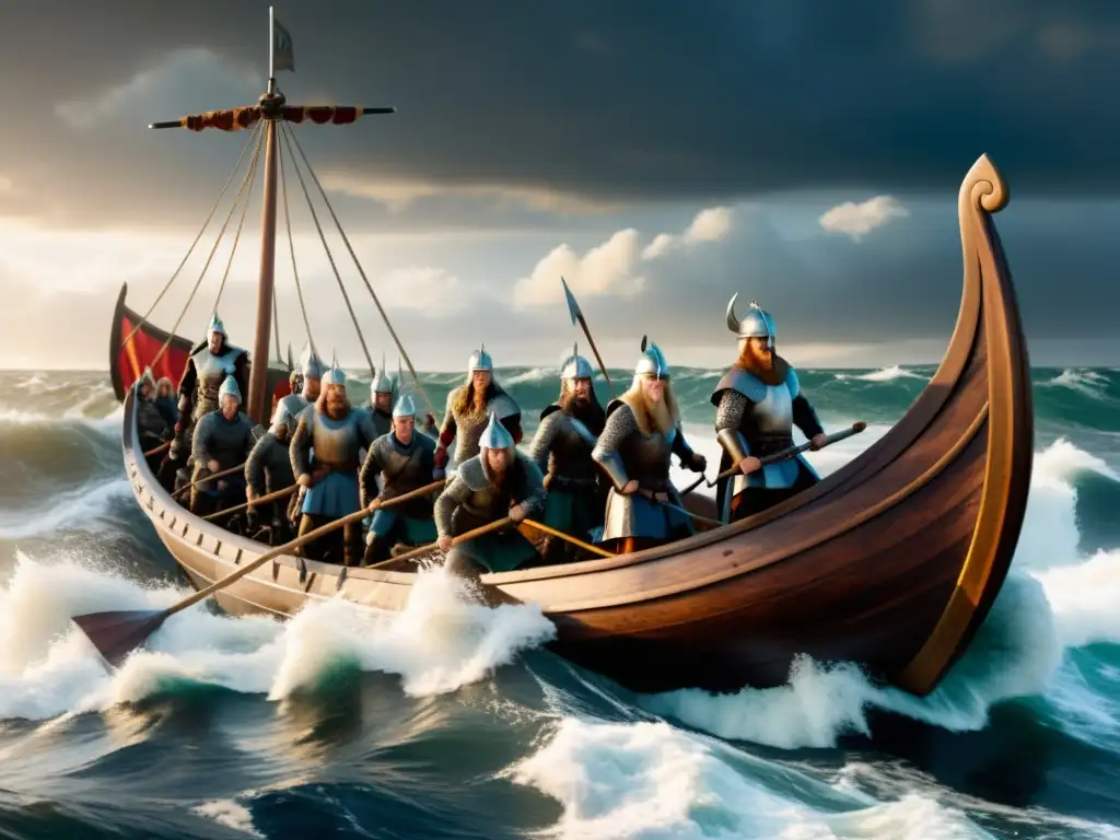 Épica travesía vikinga: barco de guerra surcando mares turbulentos Vikingos navegando en un drakkar bajo un cielo dramático, transmitiendo aventura y poder, reflejando la filosofía vikinga en la actualidad
