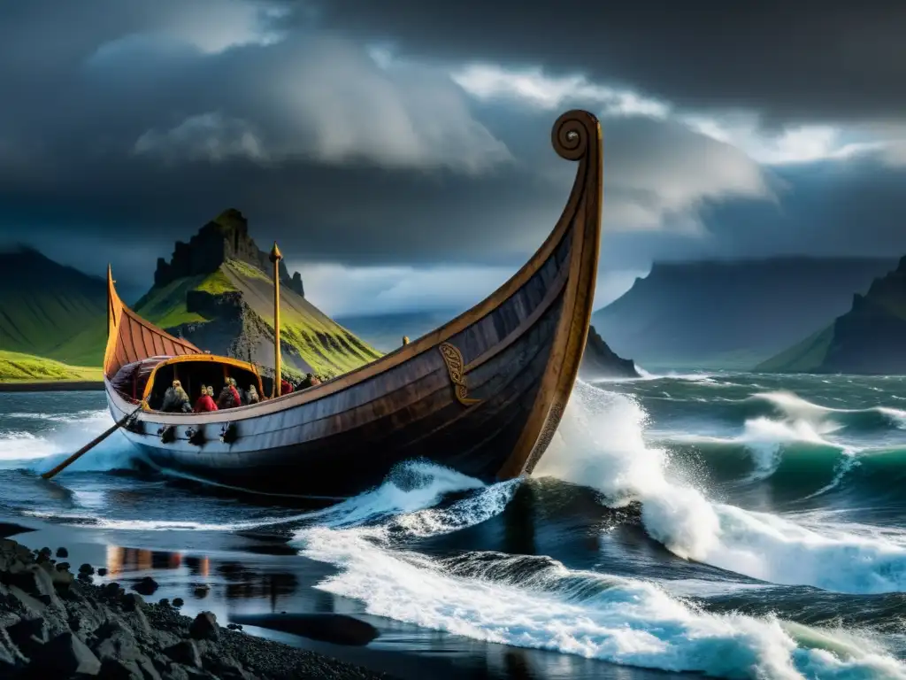 Vikingos colonizando Islandia en un drakkar bajo cielos tormentosos