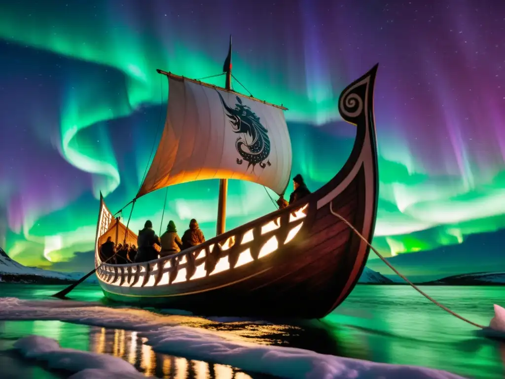 Vikingos remando en un drakkar bajo las luces del norte, reflejando la pasión y la destreza vikinga en el mar