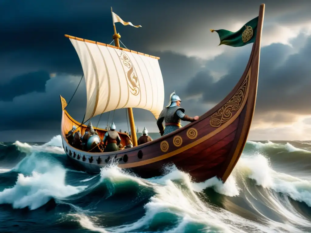 Vikingos navegando en un drakkar por mares turbulentos, demostrando la conservación de rutas marítimas vikingas