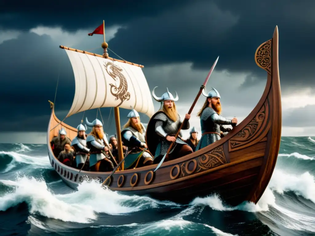 Vikingos navegando en un drakkar bajo tormenta, estrategia militar vikinga conquista naciones