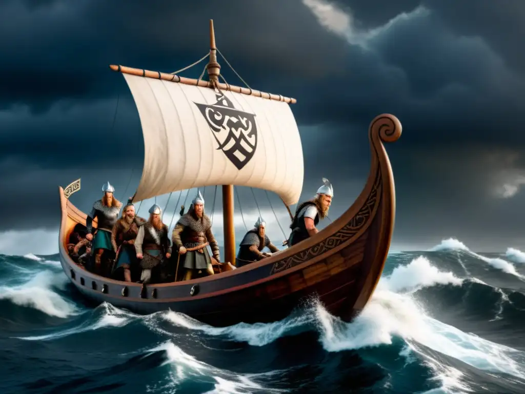 Vikingos navegando en un drakkar bajo tormenta, con símbolos religiosos como martillos de Thor y tatuajes de Valknut