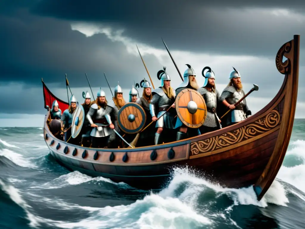 Vikingos en un drakkar enfrentan tormenta, con tácticas de alianza vikinga en guerra