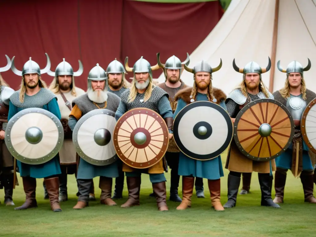 Vikingos en formación de escudo, exhibiciones interactivas tácticas vikingas