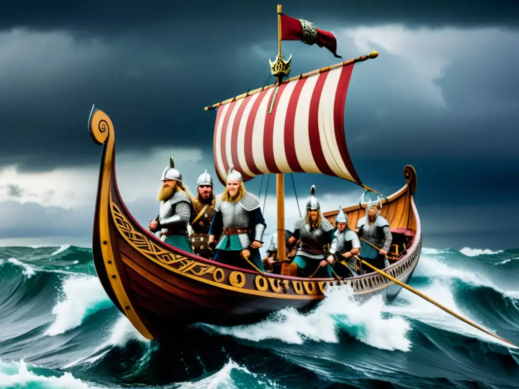 Vikingos en su esplendor en un barco bajo tormenta, listos para la transformación cultural vikinga tras cristianización