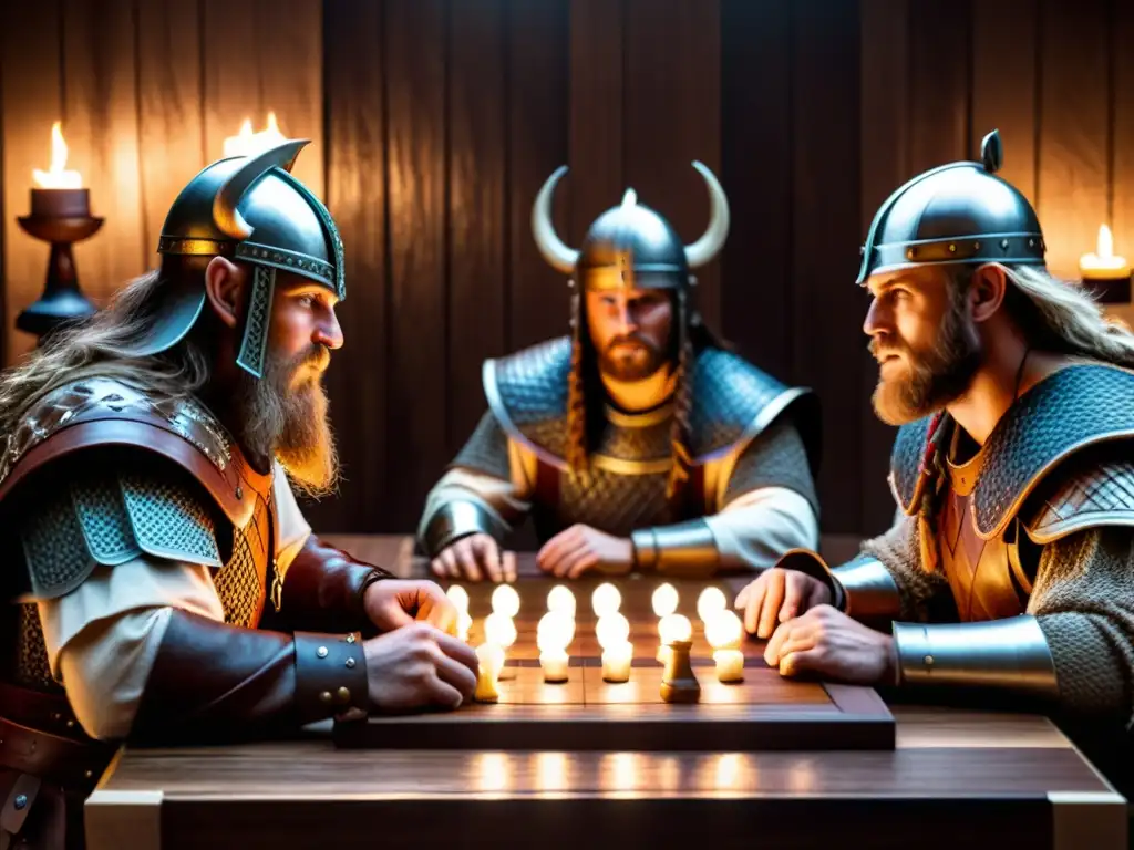 Vikingos estrategas en juego Hnefatafl, con expresiones intensas y vestimenta detallada en ambiente histórico y dramático