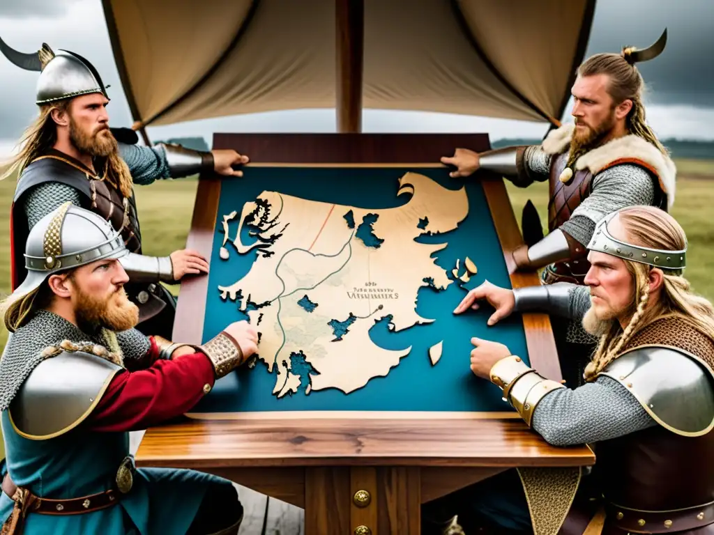 Vikingos planificando estrategias antes de la batalla con barcos y cielo nublado dramático