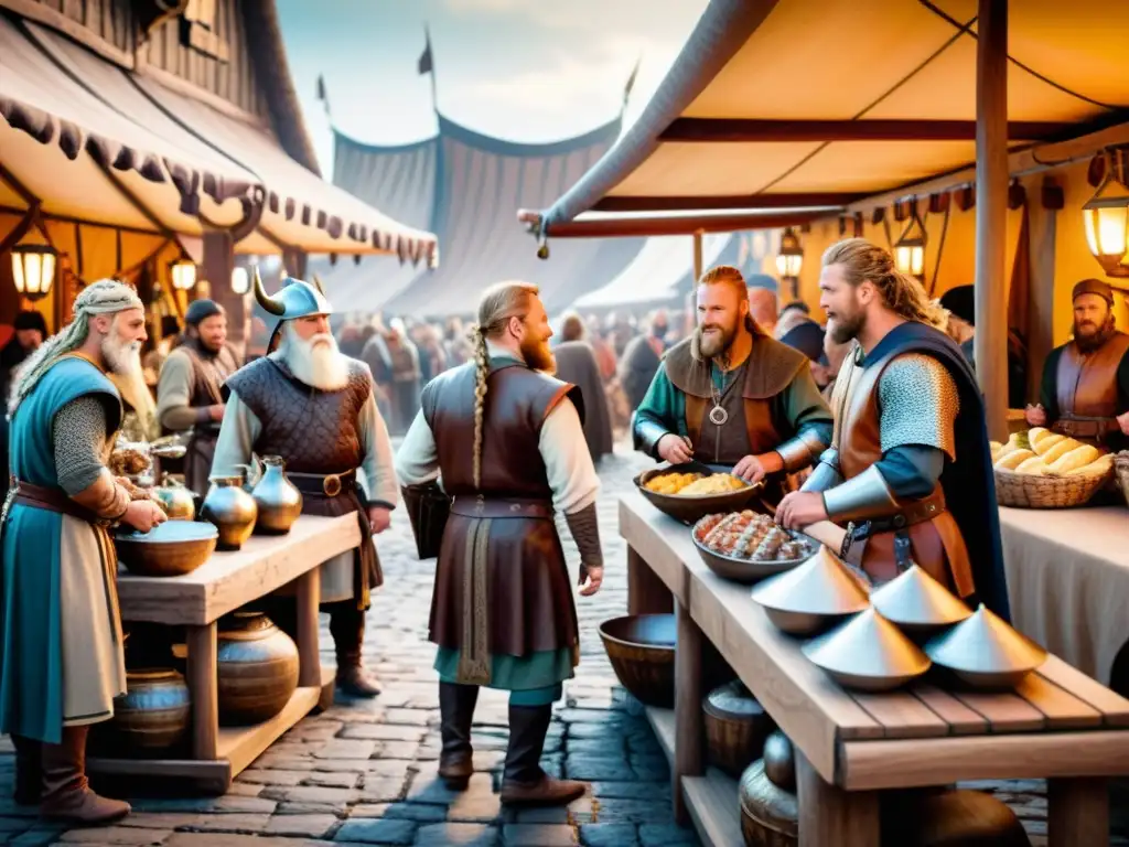 Vikingos negociando estrategias comerciales en bullicioso mercado medieval