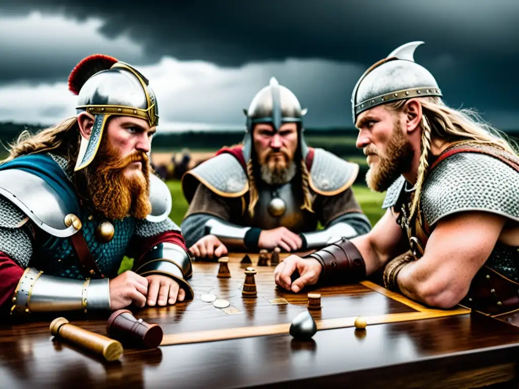 Vikingos planeando estrategias en juego de mesa vikingo estrategia, bajo cielo tormentoso