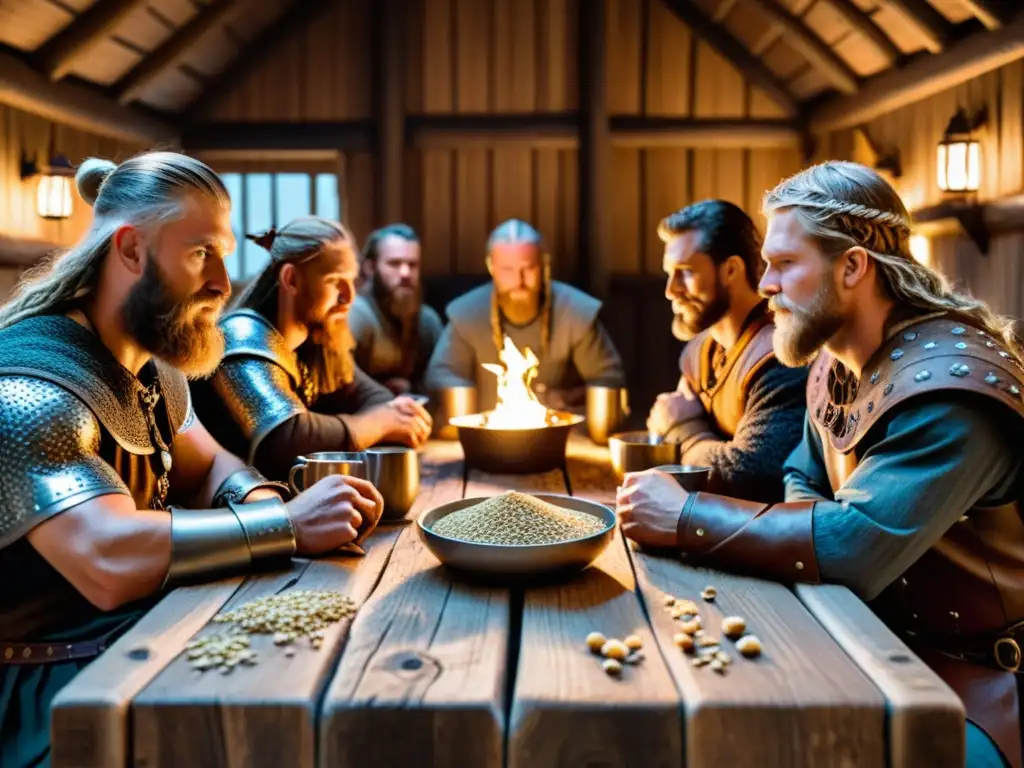 Vikingos disfrutan de una festín con cereales antiguos en la dieta en una casa vikinga iluminada por antorchas