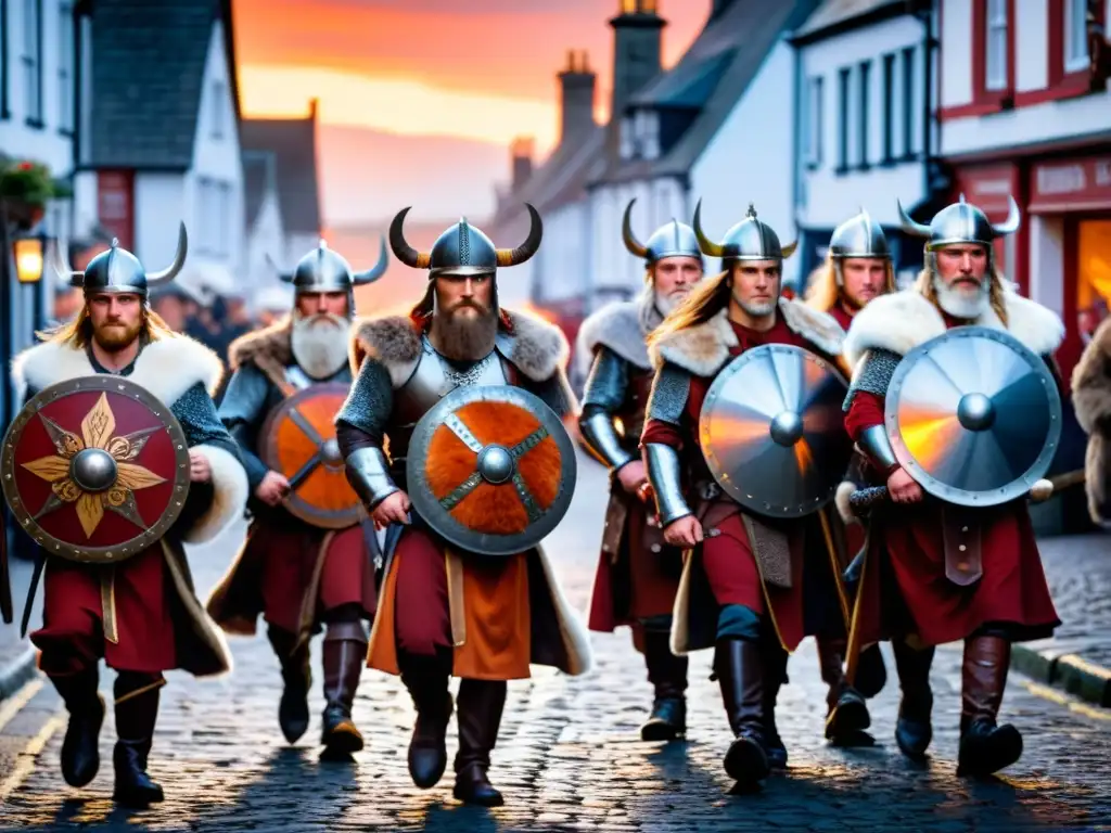 Vikingos en el Festival Up Helly Aa marchan por las calles al anochecer, con armaduras y antorchas, en un escenario misterioso y tradicional