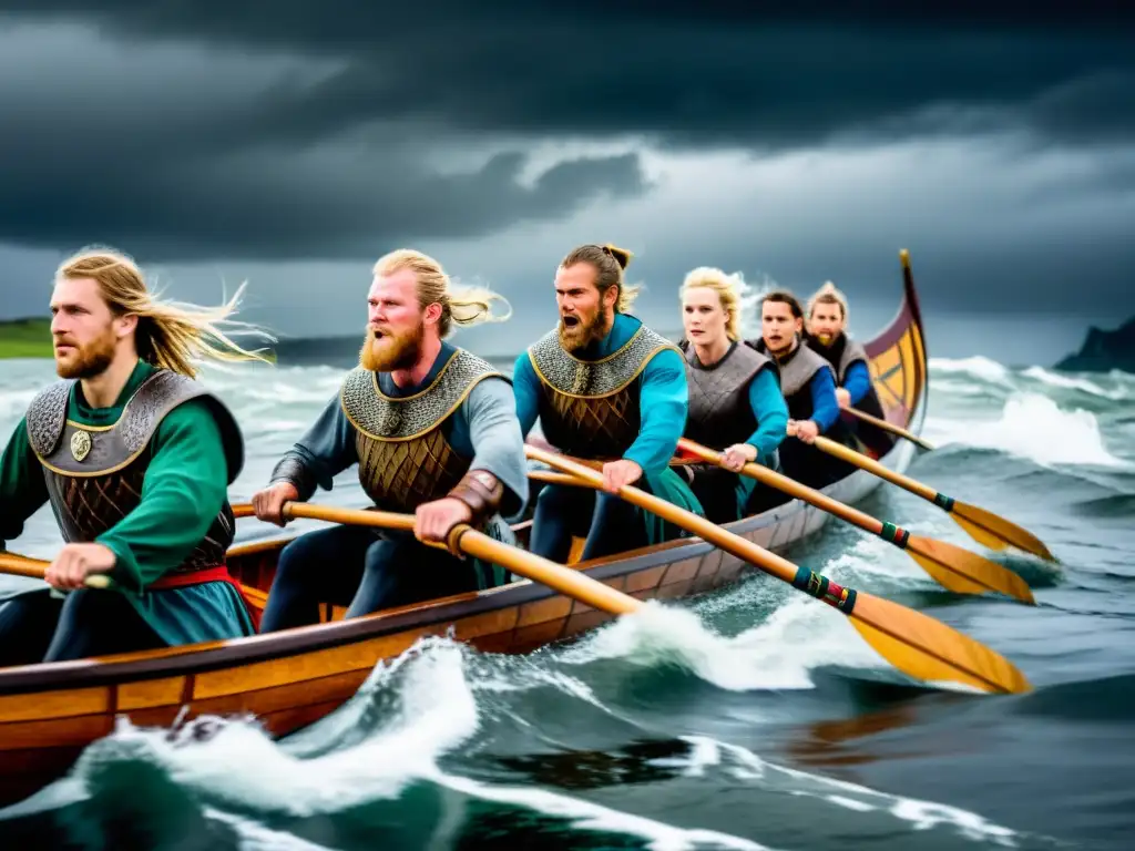 Vikingos remando con fuerza y determinación en aguas turbulentas bajo un cielo tormentoso