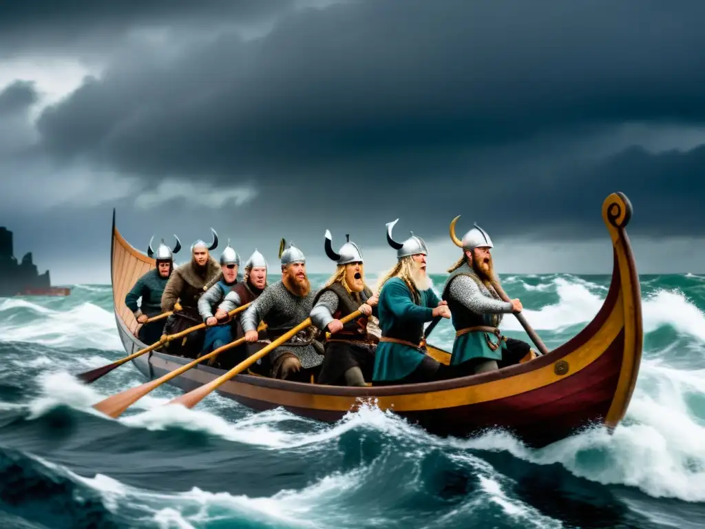 Vikingos cantando con fuerza cantos de navegación vikingos ritual en un largo barco durante una tormenta en el mar