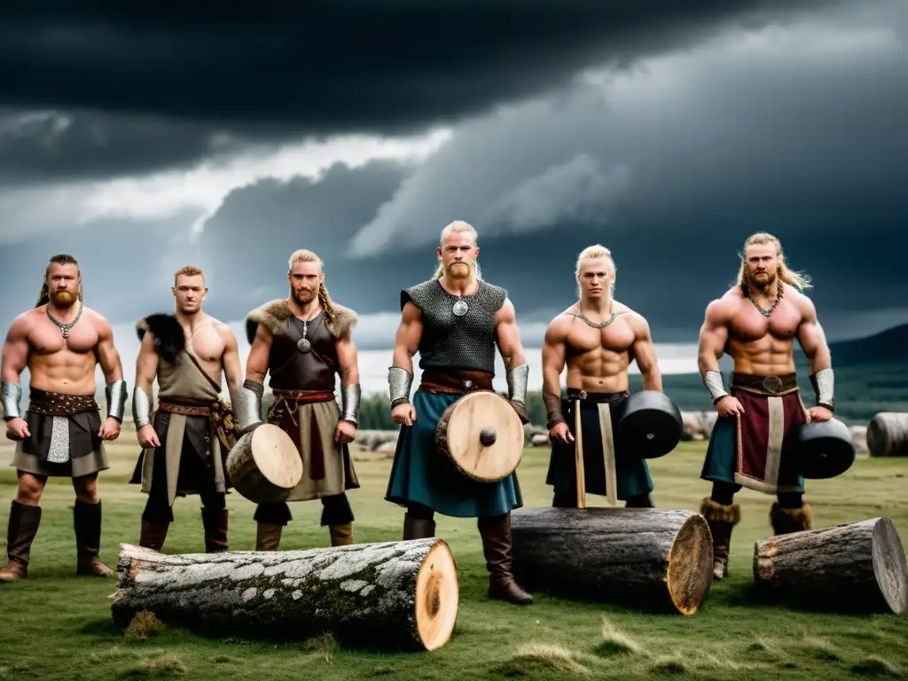 Vikingos entrenando con fuerza y resistencia en paisaje nórdico, bajo un cielo dramático