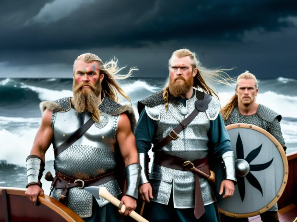 Vikingos con sus hachas de guerra en un barco vikingo, listos para el ataque