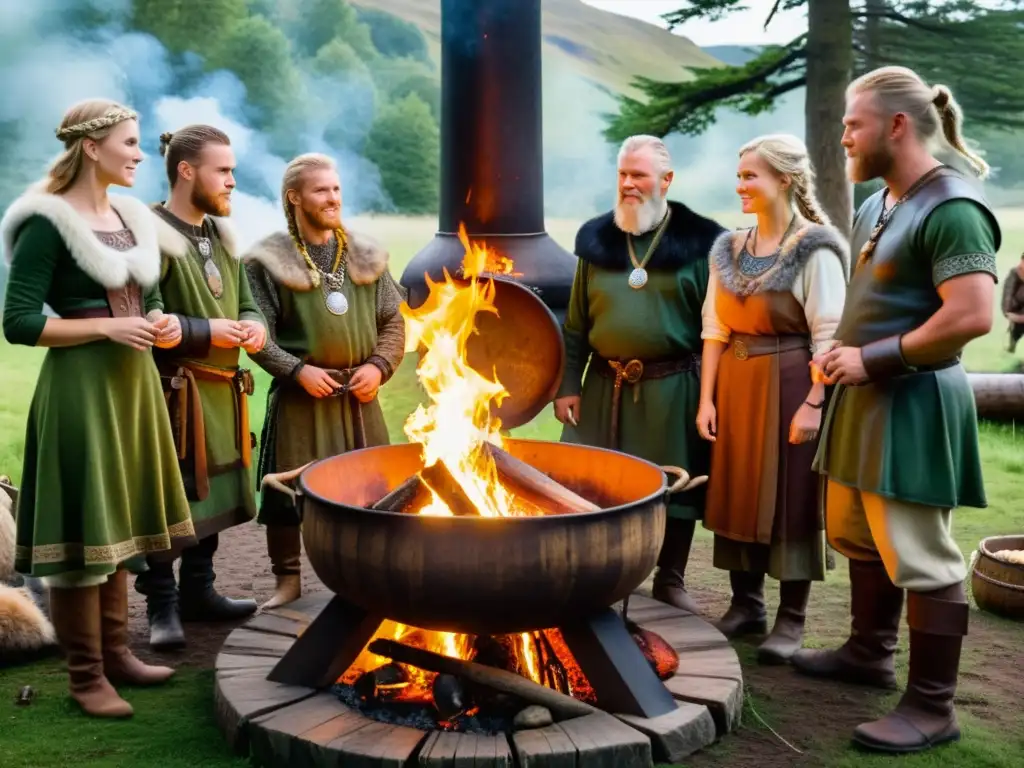 Vikingos preparando hierbas medicinales en el bosque con caldero sobre fuego