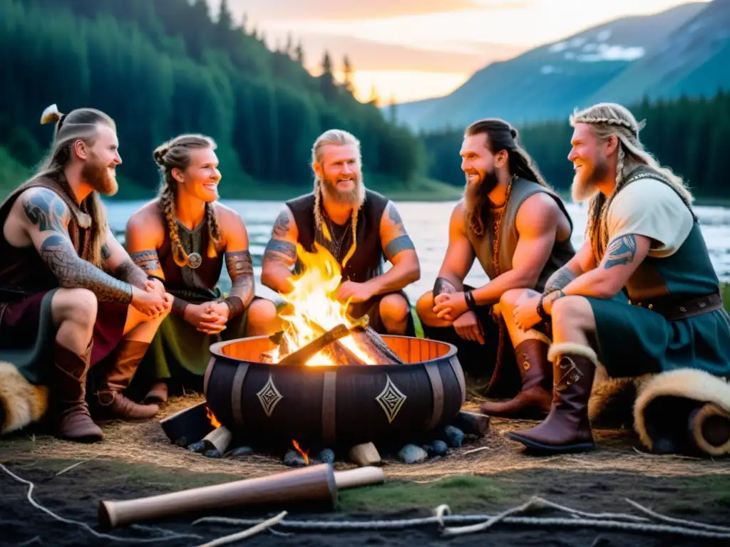 Vikingos contando historias alrededor de una fogata en el bosque escandinavo