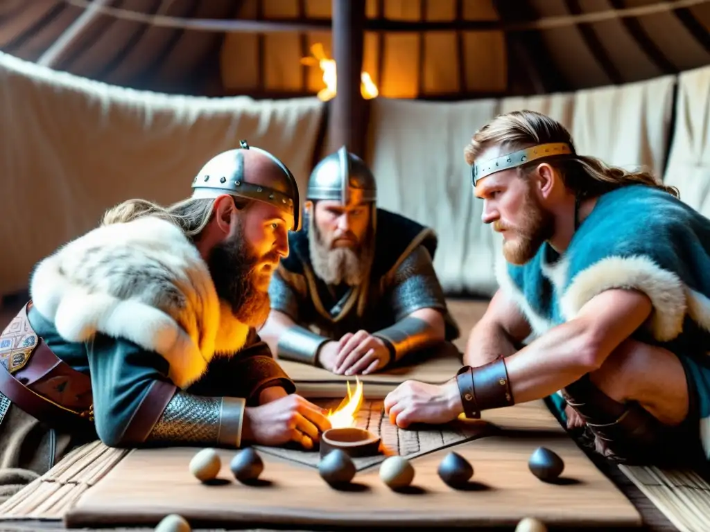 Vikingos juegan Hnefatafl estrategia vikinga en longhouse con ambiente tenso y auténtica vestimenta nórdica