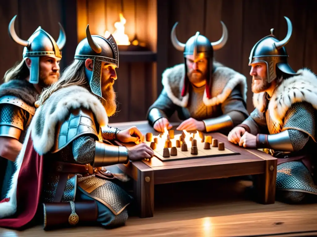 Vikingos juegan Hnefatafl estrategia vikinga en sala iluminada con antorchas